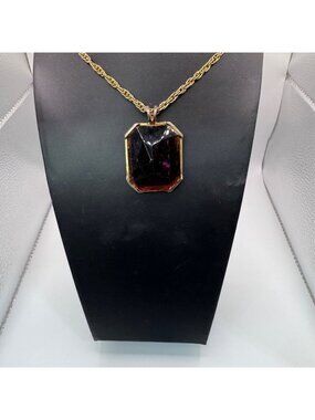 Vintage Amethyst Glass Gold-Tone Rope Necklace Statement Purple Gemstone Pendant